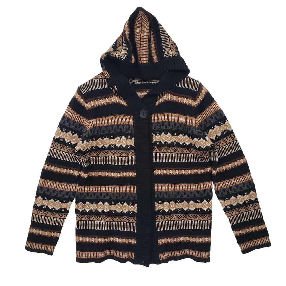 Vintage Hooded Cardigan‎ Geometric Print Button Front Knit Women L